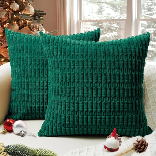 Vista 15 de Juego de 4 fundas de almohada decorativas de pana de 16 x 16 pulgadas, beige y verde Fundas de almohada suaves a rayas estilo bohemio moderno