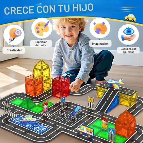 Vista 5 de Juego de 112 piezas de azulejos magnéticos para carretera con colores vibrantes y fuerza ultra magnética, bloques de construcción de carreteras