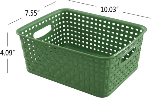 Vista 2 de Cesta de almacenamiento de plástico tejido, 10.03 x 7.55 x 4.09 pulgadas, juego de 6, verde Classic Woven Design, Dual Cutout Handles, Nestable