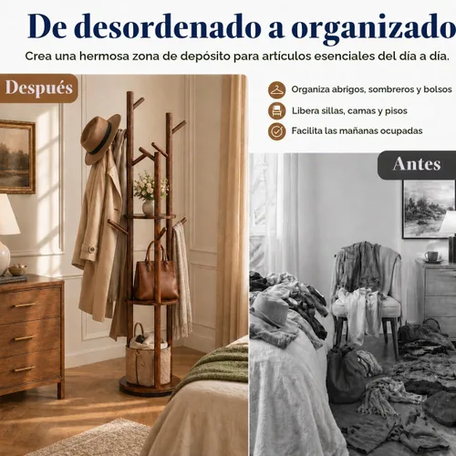 Vista 8 de Perchero giratorio de madera maciza independiente, árbol de 360° con 3 estantes y 9 ganchos, soporte de madera de caucho resistente, perchero