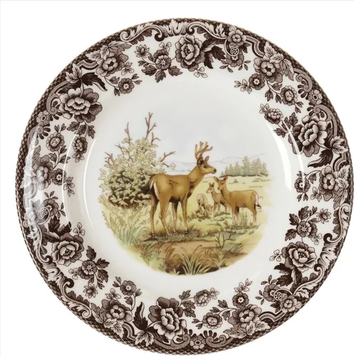 Vista 9 de Spode Woodland Bass Plato de Ensalada - 8" Loza Fina, Hecho en Inglaterra, Diseño de Pez de Caza con Borde de Flores Británicas para Ensaladas