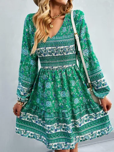 Vista 3 de KIRUNDO Vestido corto de manga larga con volantes y estampado floral para mujer, cuello redondo, cintura alta fruncida, acampanado, vestido corto