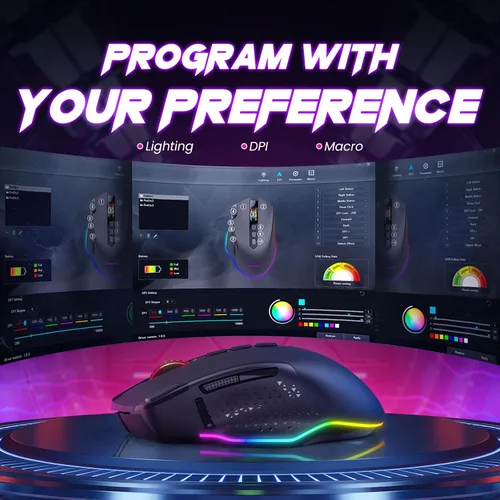 Vista 3 de WEEMSBOX Ratón inalámbrico para juegos, mouse ergonómico recargable RGB para PC, con 9 efectos de iluminación RGB de hasta 10000 DPI, 10 botones