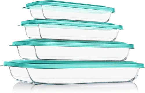 Vista 10 de KOMUEE Juego de 8 platos de vidrio para hornear con tapas rectangulares de vidrio con tapas sin BPA, moldes para hornear para lasaña, sobras