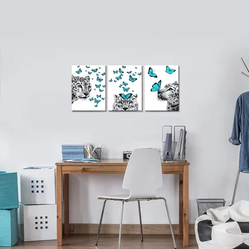Vista 2 de Kalormore - Lienzo abstracto para pared, diseño de leopardo blanco y negro con mariposas
