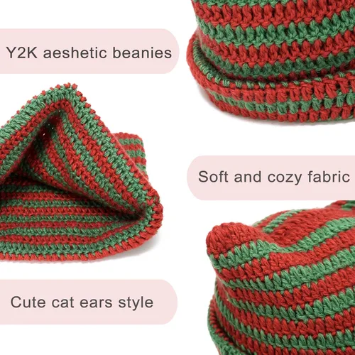Vista 6 de CATMICOO Y2k Beanie Knit Cat Ear Beanies - Gorros de ganchillo para mujer