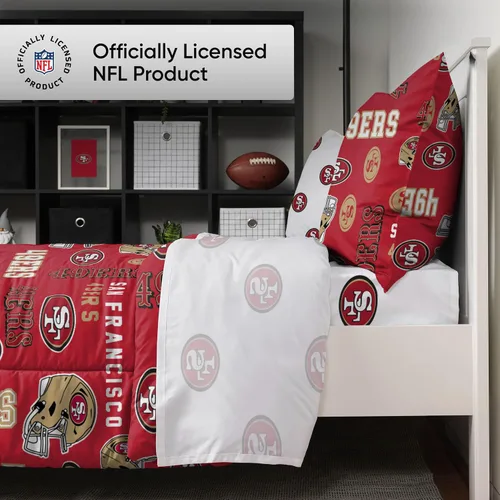 Vista 2 de FOCO Juego de ropa de cama unisex para adultos con logotipo del equipo de la NFL, sábanas y fundas de almohada, juego de ropa de cama de 5 piezas