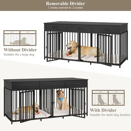 Vista 6 de HOSTACK - Jaula doble para perros, 71 pulgadas de ancho, muebles de interior para 2 perros, color negro 3 Drawers for Easy Storage, Heavy-Duty
