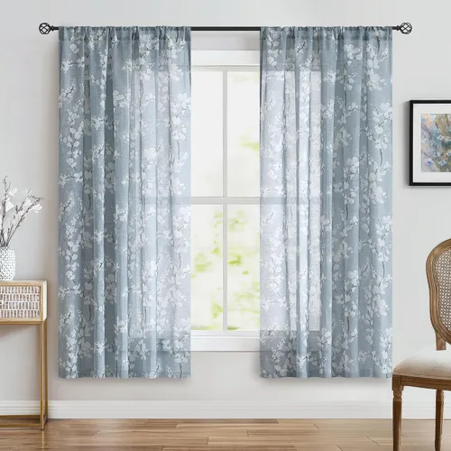 Vista 2 de FMFUNCTEX – Cortinas de lino transparentes para dormitorio, cortinas con estampado de flores azules y blancas de 63 pulgadas de largo para sala