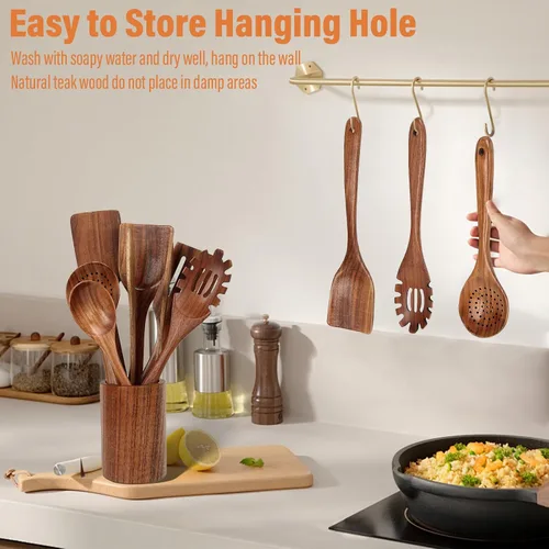 Vista 2 de Juego de utensilios de cocina de madera, cucharas de madera de teca resistentes al calor para cocinar (9 piezas con soporte)