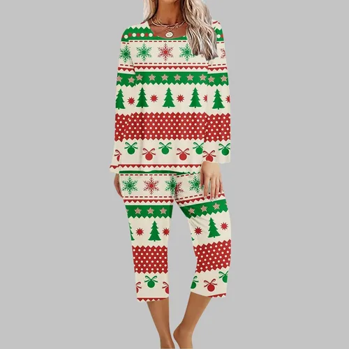 Vista 2 de Comigeewa Conjunto de chándal de dos piezas para mujer, conjunto de pantalones capris de manga larga estampado navideño traje deportivo