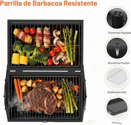 Vista 4 de Parrilla de carbón portátil con rejilla de calentamiento, mango de madera, parrilla de barbacoa de mesa para barbacoa al aire libre, camping