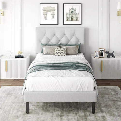 Vista 16 de CXVX Marco de cama de tamaño matrimonial con estructura de plataforma y cabecera tapizada, diseño con botones, listones de madera resistentes,
