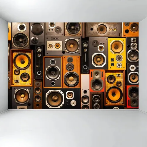 Vista 3 de Papel pintado 3D con altavoces retro, para entusiastas de la música, papel tapiz fotográfico para entusiastas de la música, espacio para inquilinos
