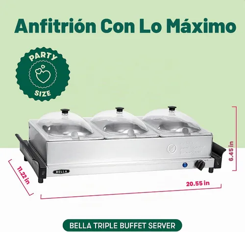 Vista 2 de [Usado] BELLA Servidor de buffet eléctrico triple de 4.5 cuartos de galón, bandeja de calentamiento de alimentos y olla de cocción lenta, estación
