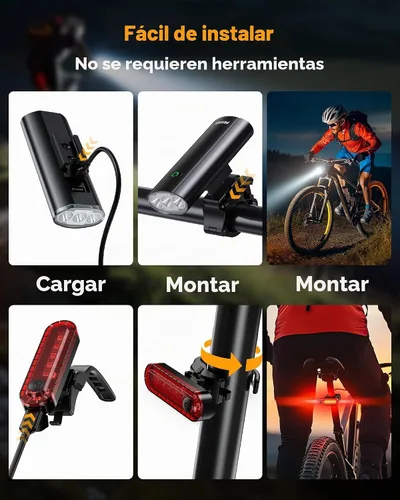 Vista 8 de Bike Light Set, Prasky Rechargeable Bicycle Lights Front and Rear, Aluminum