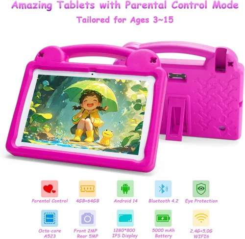 Vista 2 de Tableta para niños de 10 pulgadas, Android 15 para niños, WiFi 6, Octa-Core, 8 GB de RAM 64 GB ROM, 5000 mAh, GMS, tabletas Android con control Rosa