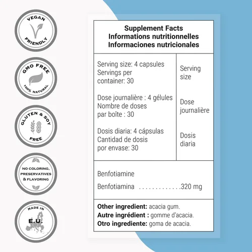 Vista 4 de Supersmart - Benfotiamina 320 mg por día (alta potencia) - Tiamina biodisponible - Suplemento de vitamina B1 Benfotiamina Sin OMG y sin gluten