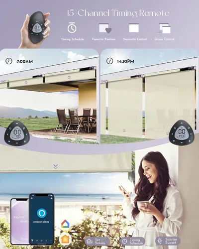 Vista 4 de Graywind Persianas enrollables motorizadas para exterior para patio compatibles con Alexa Google, cortinas solares inteligentes para exteriores