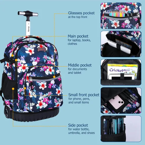 Vista 3 de seastig Mochila con ruedas de 18 pulgadas con bolsa de almuerzo y estuche para lápices, mochila con ruedas, mochila para laptop, adultos y niños