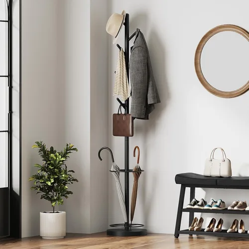 Vista 2 de Perchero independiente con soporte para paraguas, perchero con 8 ganchos, árbol de abrigo resistente para entrada, perchero moderno, soporte