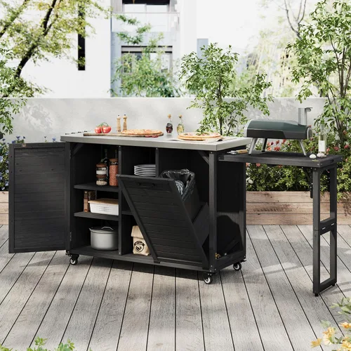 Vista 4 de JIVOIT Isla de cocina al aire libre de 78.3 pulgadas con mesa plegable, carrito de madera para exteriores con almacenamiento de basura y parte