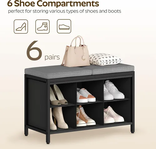 Vista 6 de YATINEY - Banco para guardar zapatos con cojín, banco para entrada, zapatero con asiento acolchado y 6 compartimentos Oxford, para armario