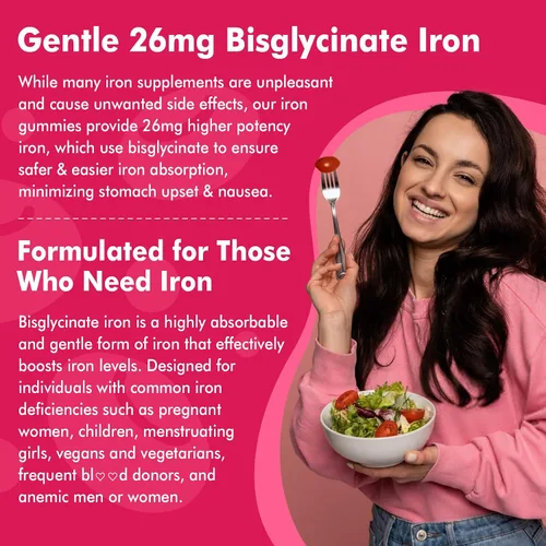 Vista 6 de Gomitas de hierro para mujeres y hombres, gomitas de bisglicinato de hierro de 26 mg, más vitamina C, folato, raíz de remolacha, B12 y zinc