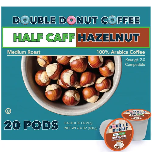 Vista 144 de Double Donut Coffee Cápsulas de Café Half Caff, Cápsulas de Café de Media Cafeína de Porción Individual para Cafeteras Keurig K Cup, Tostado Medio