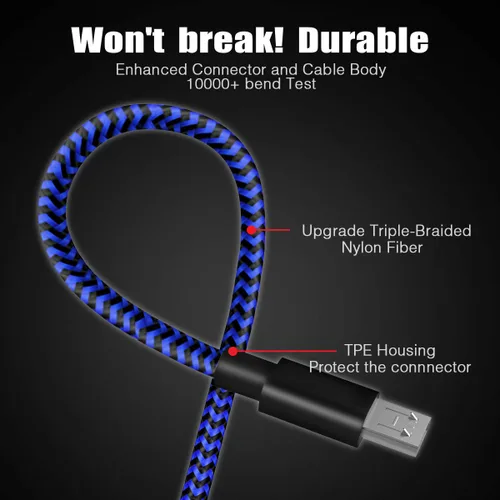 Vista 6 de Cable de carga para controlador PS4 de 10 pies, paquete de 2 cables de nailon trenzado extra largo micro USB 2.0 de alta velocidad compatible