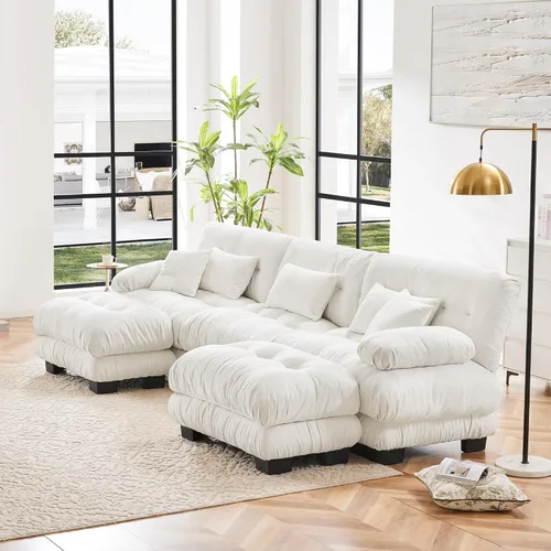 Vista 31 de Sofá modular en forma de U de 118 pulgadas con 2 otomanas, sofá de nube de terciopelo peletizado con almohadas de apoyabrazos de refuerzo, cómodo