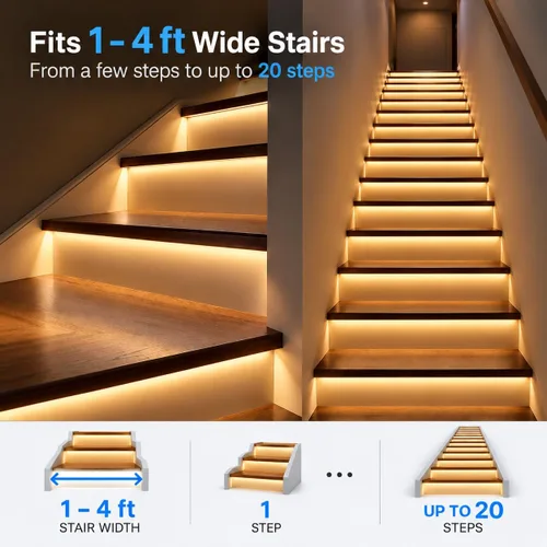 Vista 6 de Kit de luces LED COB de 20 pasos activadas por movimiento, 47.2 pulgadas, tira de luces LED COB de color blanco cálido para escaleras interiores