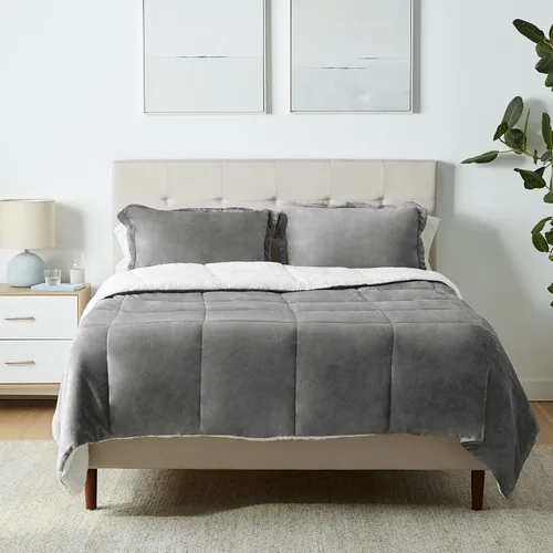 Vista 12 de Amazon Basics - Juego de ropa de cama de 3 piezas, Micromink Sherpa, ultrasuave, edredón cálido para todas las estaciones, tamaño Full/Queen, negro