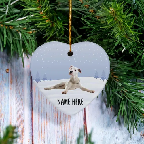 Vista 2 de Personalized Name Dogo Argentino Lying White Christmas Tree Ornaments Ceramic Heart Decorations Gifts for Dog Lovers