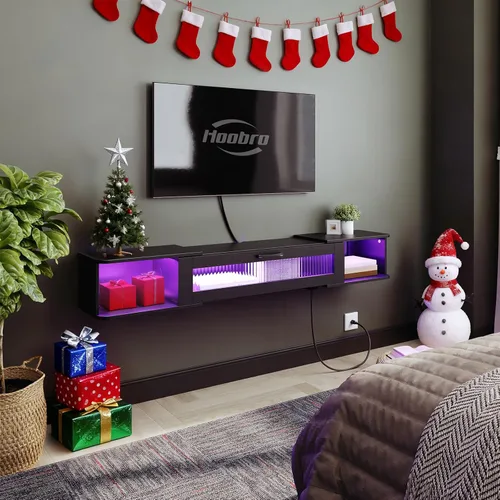 Vista 4 de HOOBRO Soporte de TV flotante con luz LED y toma de corriente para televisores de hasta 65 pulgadas, estante de TV montado en la pared, consola