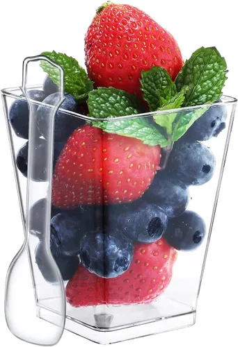 Vista 8 de SHOPDAY Vasos de postre de plástico de 5 oz: paquete de 30 vasos cuadrados transparentes con cucharas, pequeños vasos de parfait, mini vasos