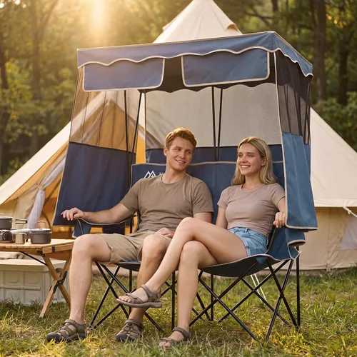 Vista 2 de Double Camping Chair with Canopy,2 Person Folding Chair with Canopy, Blue
