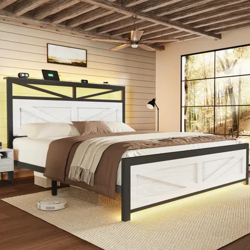 Vista 9 de Marco de cama rústico de tamaño completo con cabecera de puerta de granero y almacenamiento, marco de cama LED estilo granja de tamaño completo