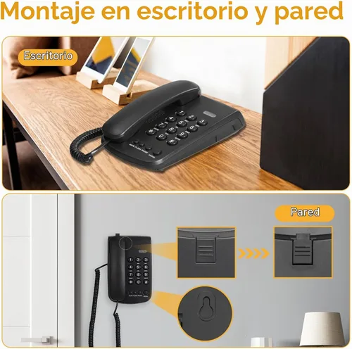 Vista 4 de Teléfono con cable Uvital para teléfonos fijos, teléfono fijo negro