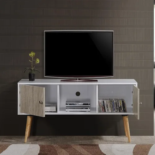 Vista 3 de Hodedah Soporte de TV de estilo retro con dos puertas de almacenamiento y patas de madera maciza, color blanco