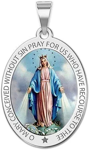 Vista 9 de Picturesongoldcom Collar de medalla milagrosa católica con colgante ovalado para mujeres y hombres hecho en oro amarillo o blanco de 10 K14 quilates