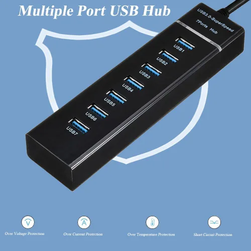 Vista 7 de Paquete de 2 concentradores USB de 7 puertos, adaptador USB de múltiples puertos con luz indicadora, estación de acoplamiento de transmisión