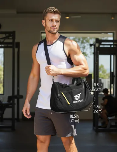 Vista 6 de SKYSPER Bolsa deportiva pequeña de 30L con bolsillo húmedo para deportes, viajes, fitness y entrenamiento para hombres y mujeres (negro)