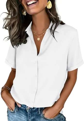 Vista 32 de Zeagoo Camisas con botones para mujer, de manga corta, cuello en V, elegantes y casuales