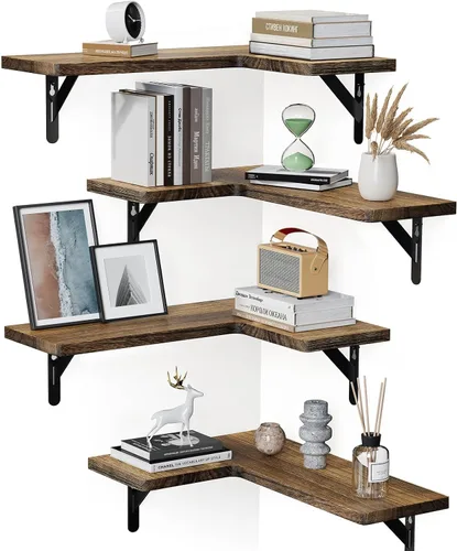 Vista 10 de AMADA HOMEFURNISHING Estantes flotantes de esquina, juego de 4 estantes de pared de esquina, estantes para decoración de pared, estantes esquineros