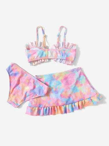Vista 2 de WDIRARA Traje de baño de 3 piezas para niña pequeña con falda de playa con ribete de volantes