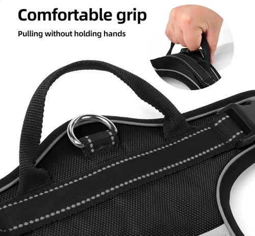 Vista 5 de Arnés para perro sin tirones con 2 anillos en D, ajustable, reflectante, suave, acolchado, chaleco Oxford y asa para perros pequeños, negro, S