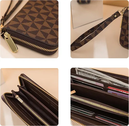 Vista 9 de Veki Billetera para mujer con doble cremallera y correa para la muñeca, monedero de cuero para tarjetas de crédito para mujeres y hombres, Negro A