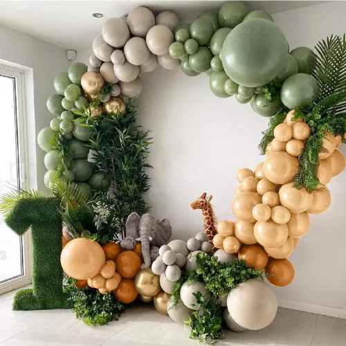 Vista 5 de Guirnalda de globos de látex retro de aguacate verde frijol verde, globos metálicos dorados con temática de selva, baby shower, decoración de fiesta
