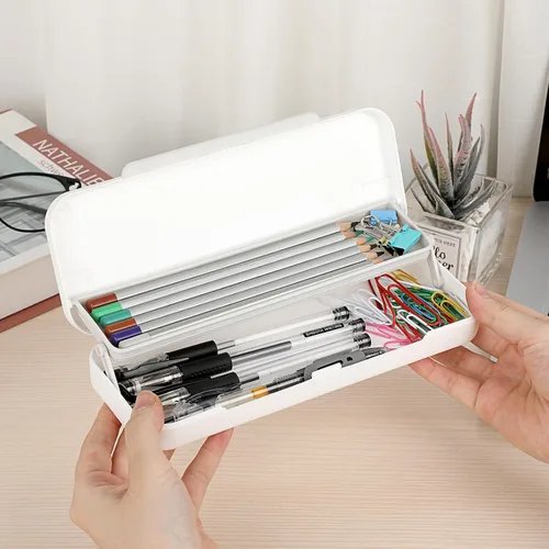 Vista 6 de BTSKY Little Duck Caja de lápices de plástico de doble capa, organizador de caja de plástico con tamaño compacto para lápices, borradores, clips